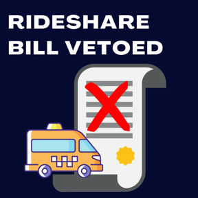 Rideshare Bill Vetoed. Illustration of shuttle bus on a document. Document has a red cross mark.  
